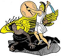 Персей поднял щит Афины, блестящий как зеркало, навёл его на Медузу и, глядя в него, вынул меч Гермеса и сразу отсёк ей голову.