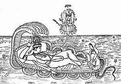 Вишну, покоящийся на змее Ананте;  из пупка его вырос лотос, в котором находится бог  Брахма; у ног Вишну - его жена богиня Лакшми. Со средневековой миниатюры.