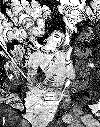Индра, раджа богов, с небесными служанками. Роспись из XVII пещеры Аджанты.